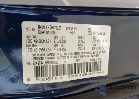 2005 Dodge Grand Caravan Sxt из США, поврежденный, VIN 2D4GP44L95R191505